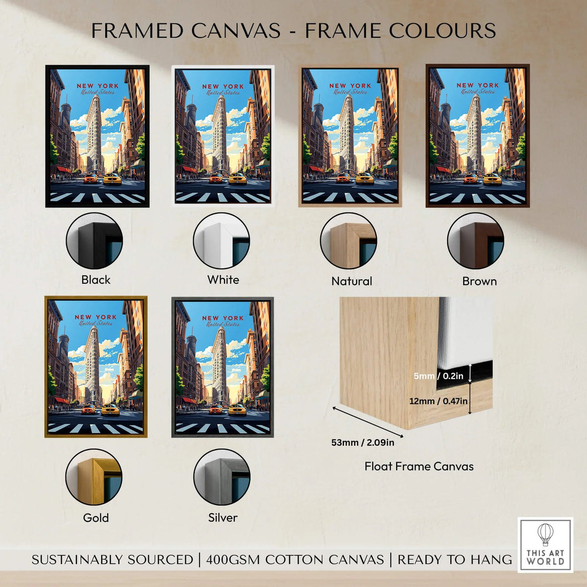 New York City Print framed canvas options including black, white, natural, brown, gold, and silver frames.