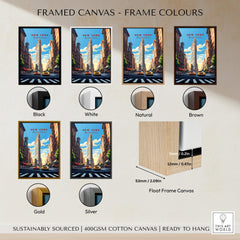 New York City Print framed canvas options including black, white, natural, brown, gold, and silver frames.