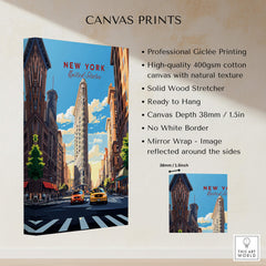 New York City Print showcasing iconic Flatiron Building and vibrant Manhattan street life.