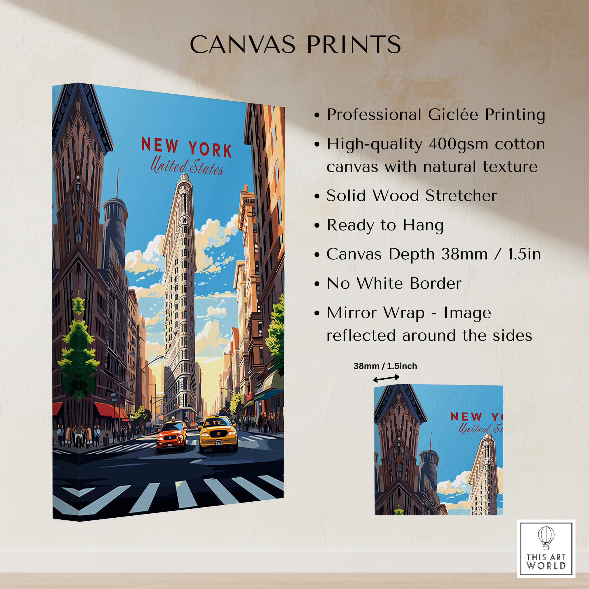 New York City Print showcasing iconic Flatiron Building and vibrant Manhattan street life.