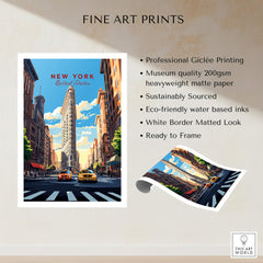 New York City Print showcasing the iconic Flatiron Building and vibrant Manhattan city life in fine art style.