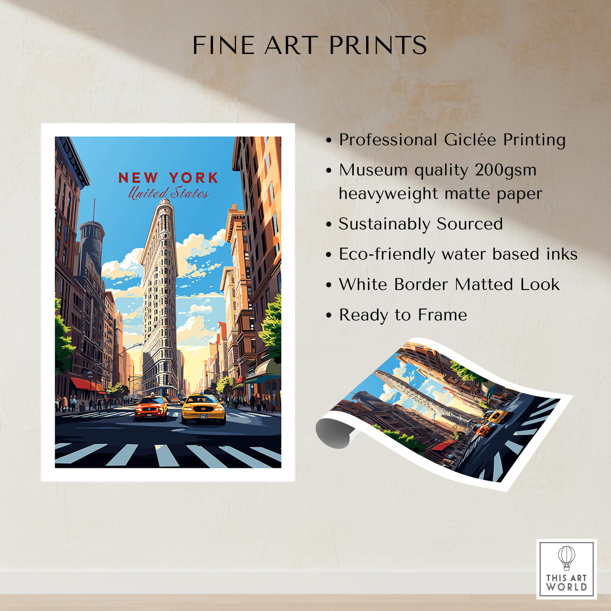 New York City Print showcasing the iconic Flatiron Building and vibrant Manhattan city life in fine art style.