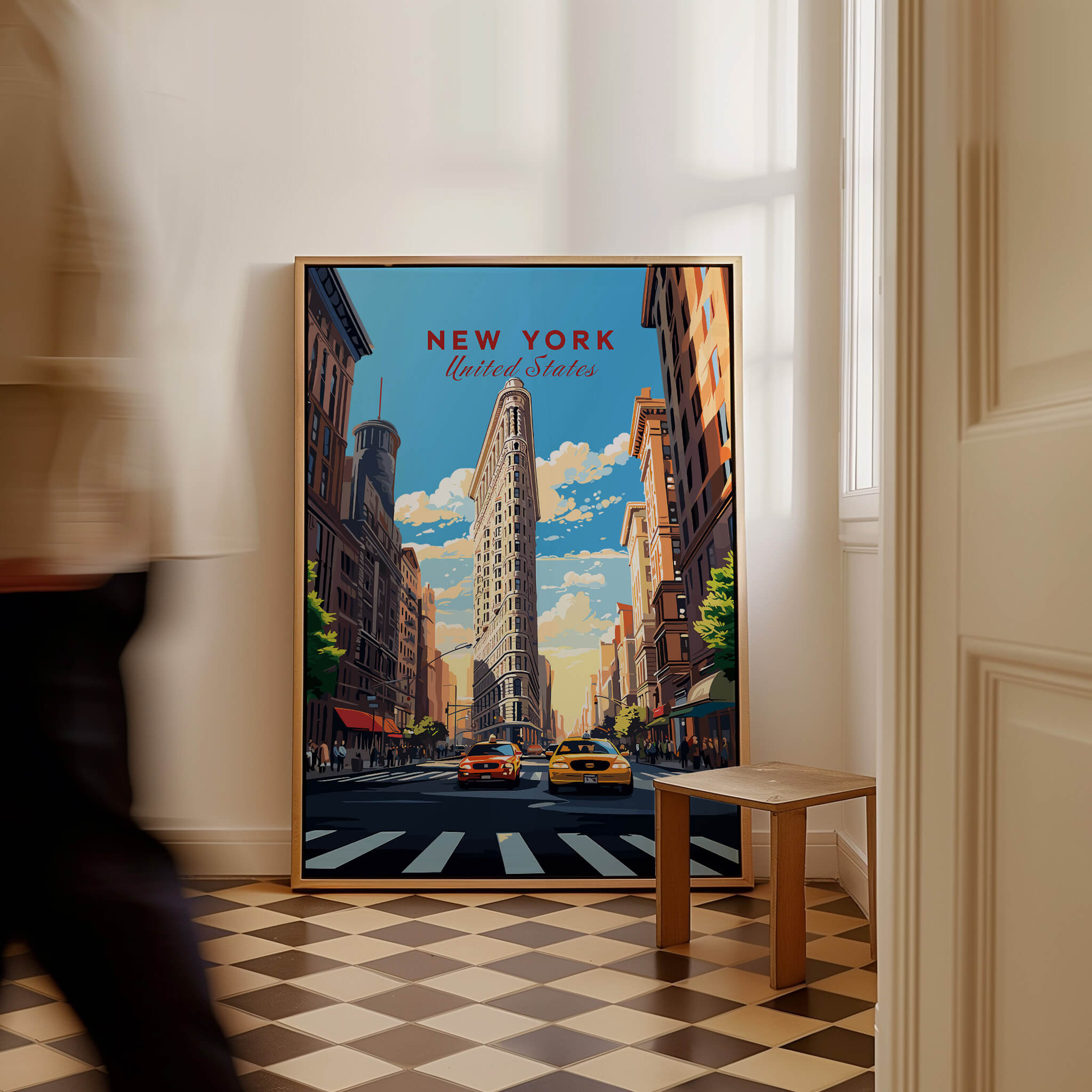 New York City Print featuring the iconic Flatiron Building and bustling Manhattan street life.