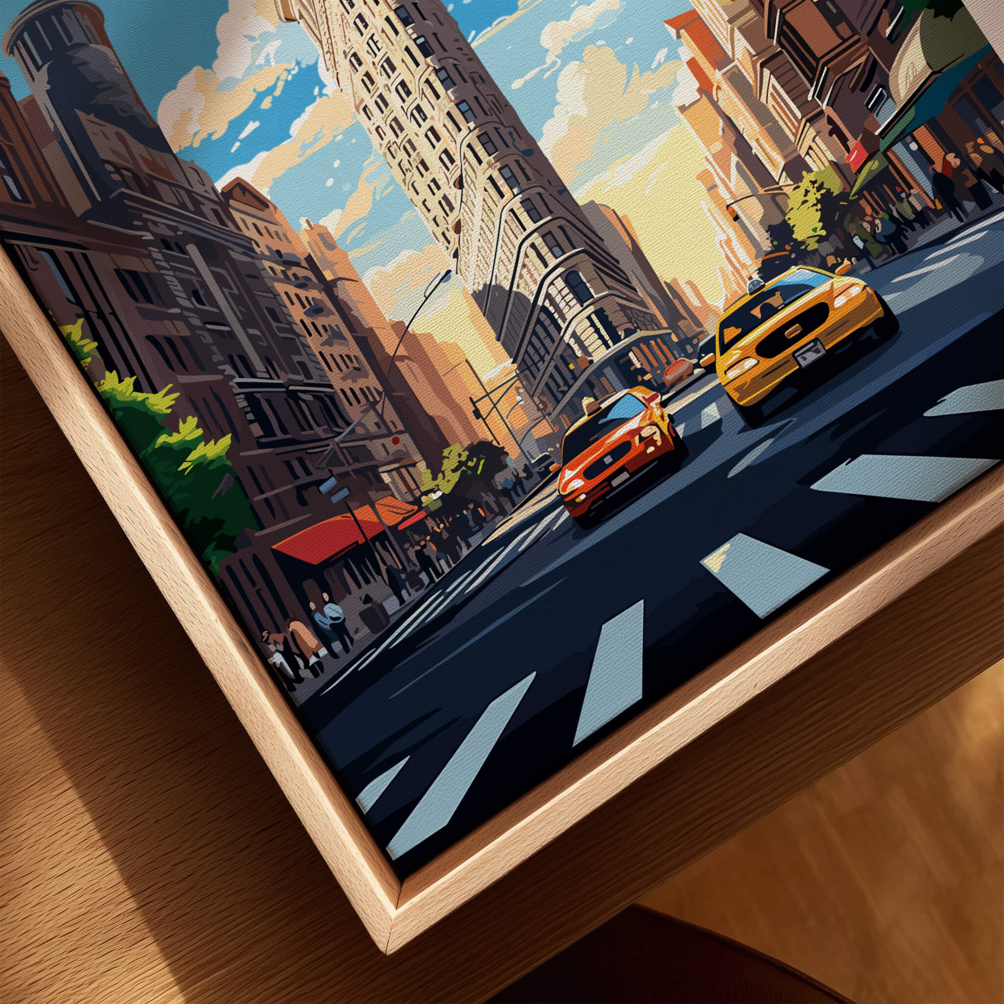 New York City Print featuring the Flatiron Building and Manhattan's vibrant street life with yellow taxis.