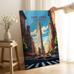 New York City Print featuring the Flatiron Building and iconic Manhattan street scene with taxis.