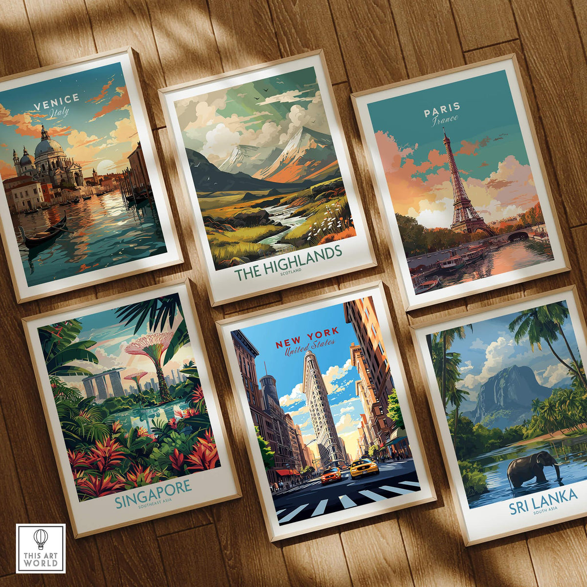 Collection of travel-themed prints featuring New York City Print, Venice, Paris, Singapore, The Highlands, and Sri Lanka.
