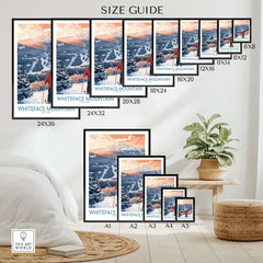 Size guide for New York ski print featuring various dimensions for Whiteface Mountain scene poster.