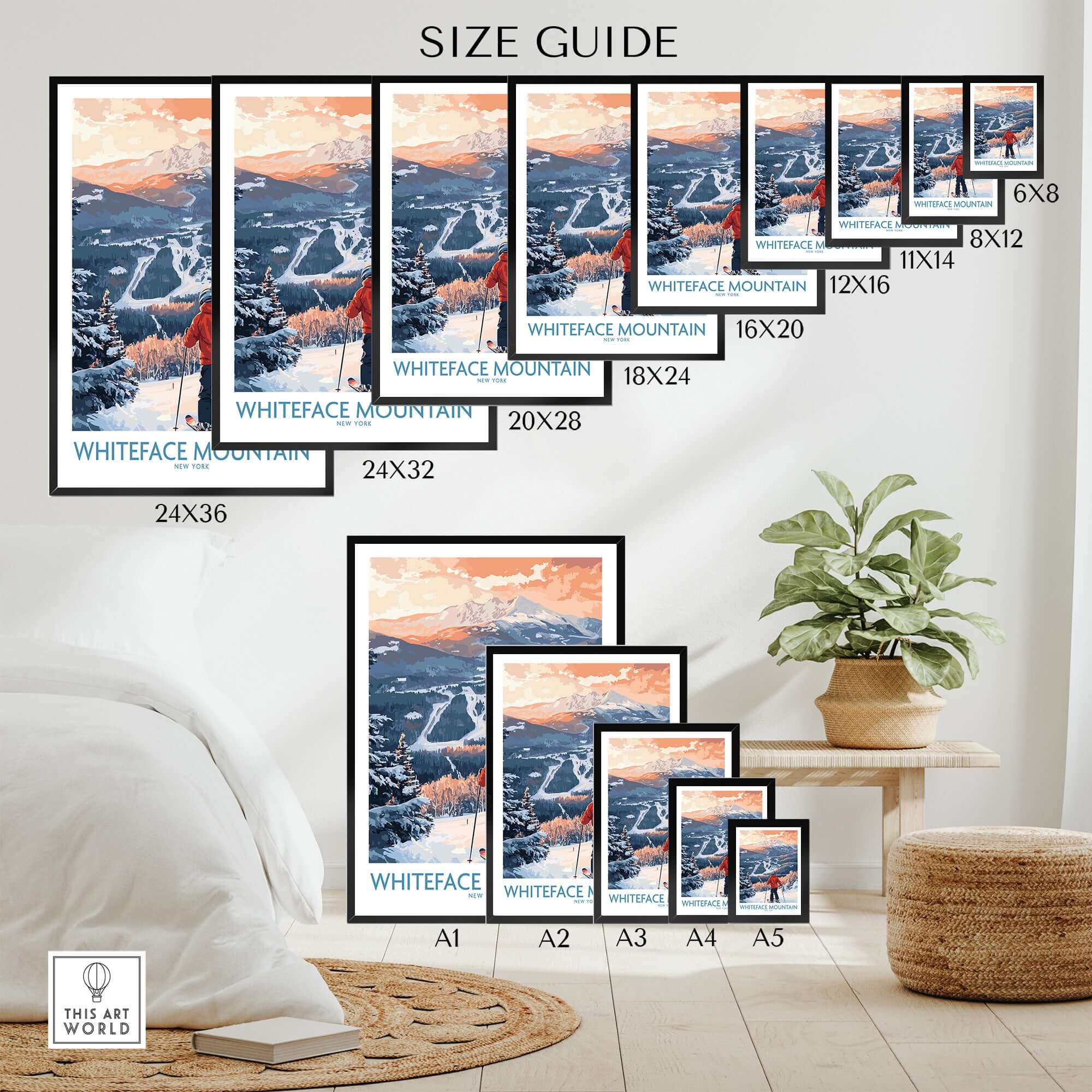 Size guide for New York ski print featuring various dimensions for Whiteface Mountain scene poster.