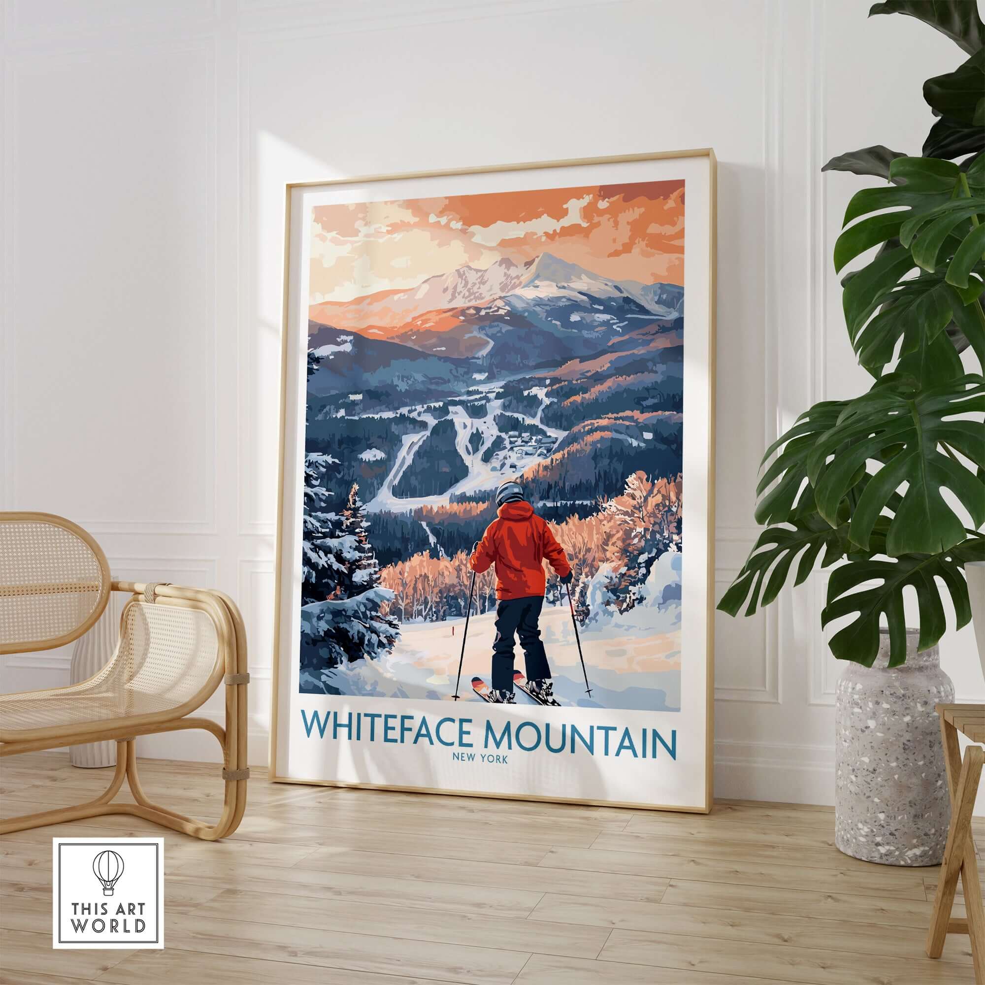 Whiteface Mountain ski print featuring skier in red jacket with snowy landscape in New York, perfect for decor.