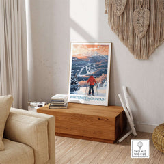 New York ski print of Whiteface Mountain showcasing a skier's view and slopes in a cozy interior setting.