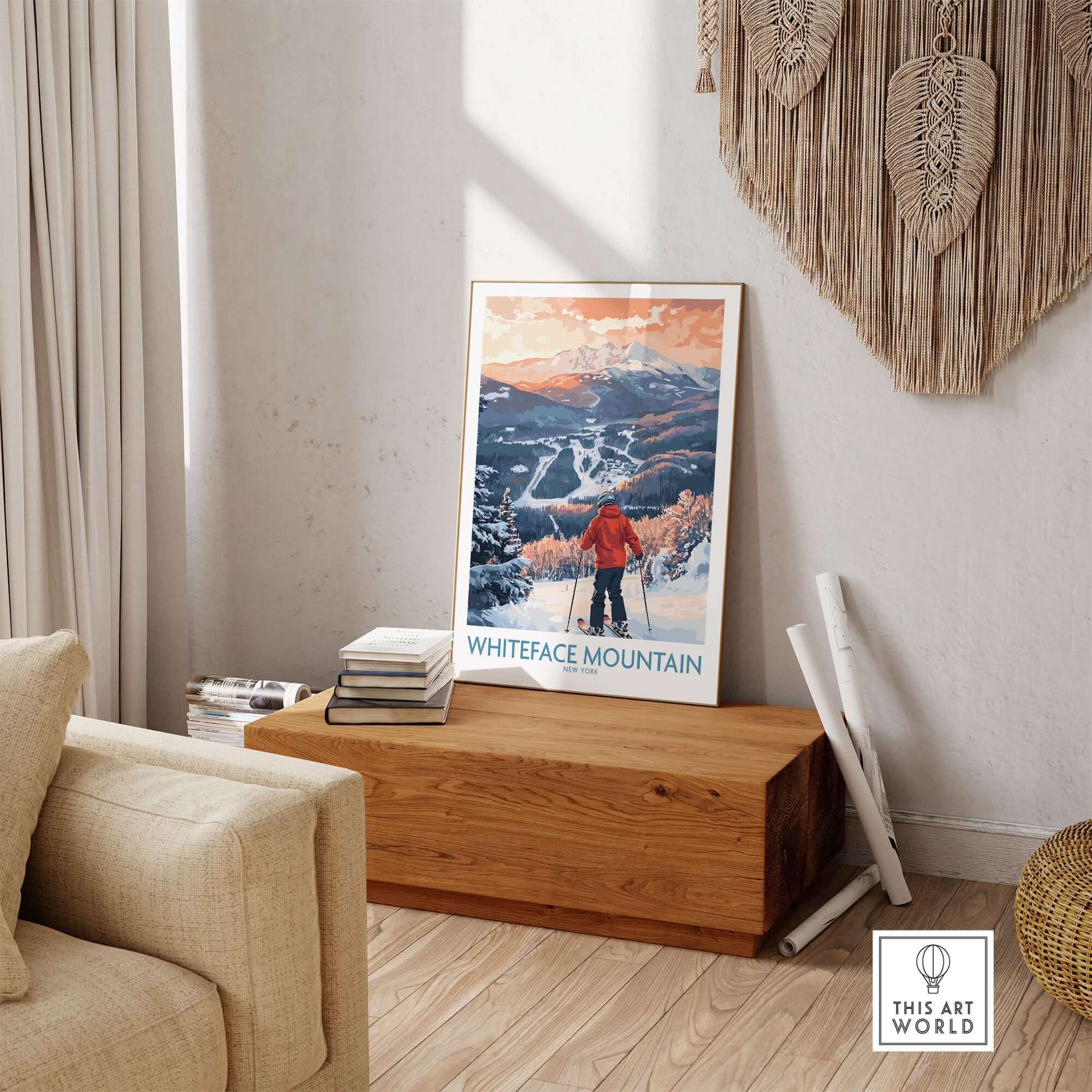 New York ski print of Whiteface Mountain showcasing a skier's view and slopes in a cozy interior setting.