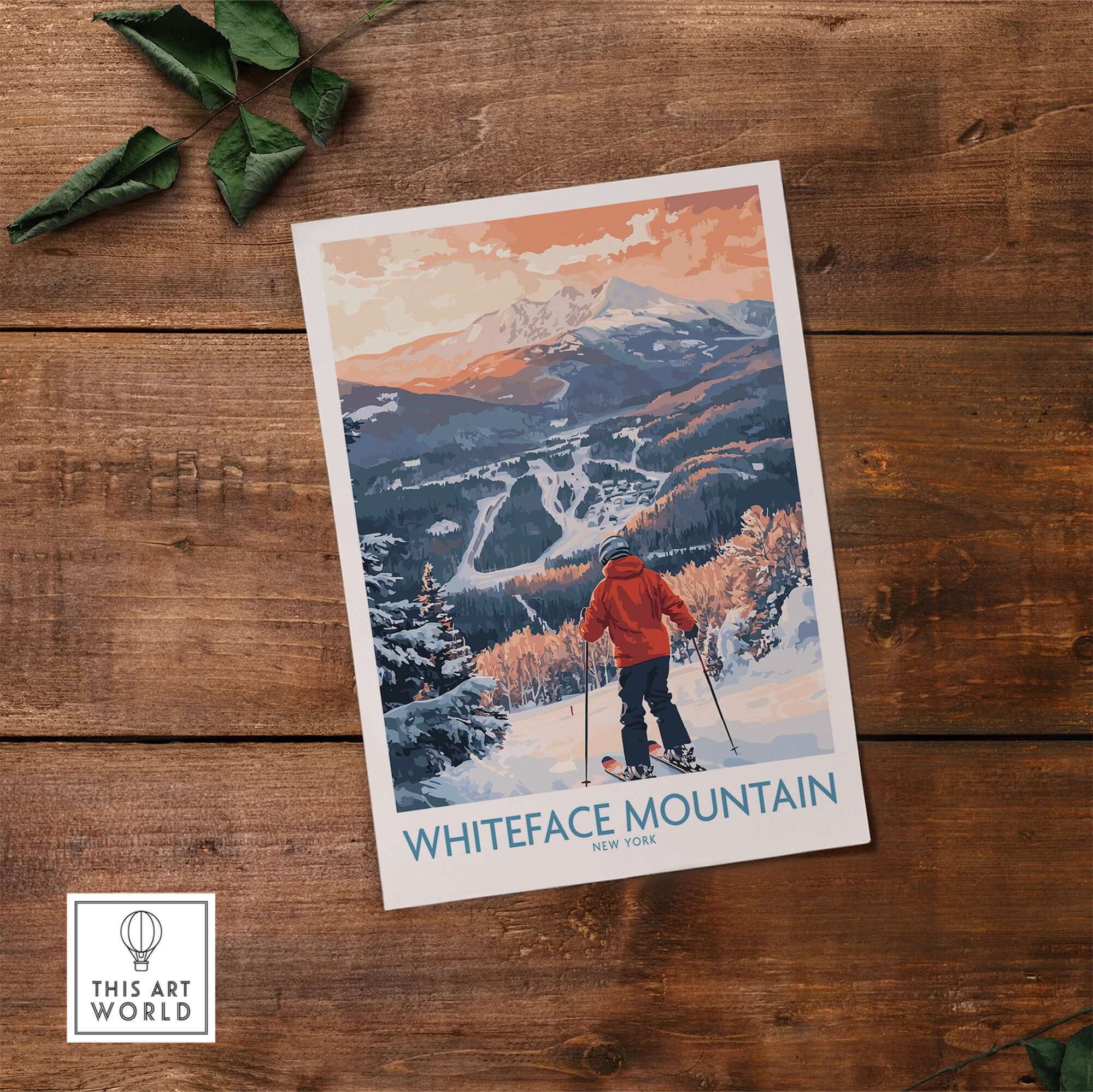 Whiteface Mountain ski print showcasing a skier's view of snowy slopes in New York, ideal for winter sports enthusiasts.