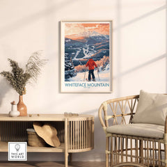 Framed Whiteface Mountain ski print in cozy living room, showcasing vibrant snowy slopes and skier view.