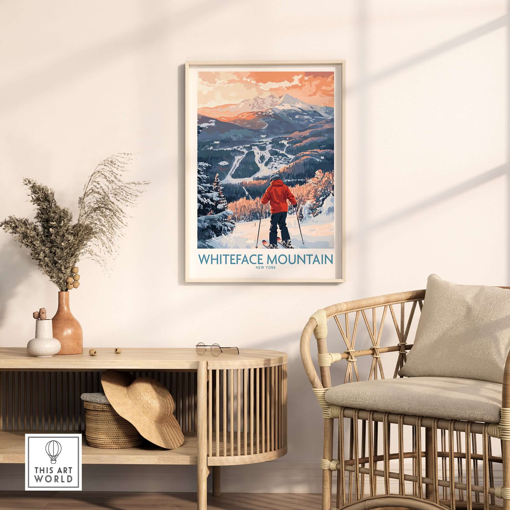 Framed Whiteface Mountain ski print in cozy living room, showcasing vibrant snowy slopes and skier view.