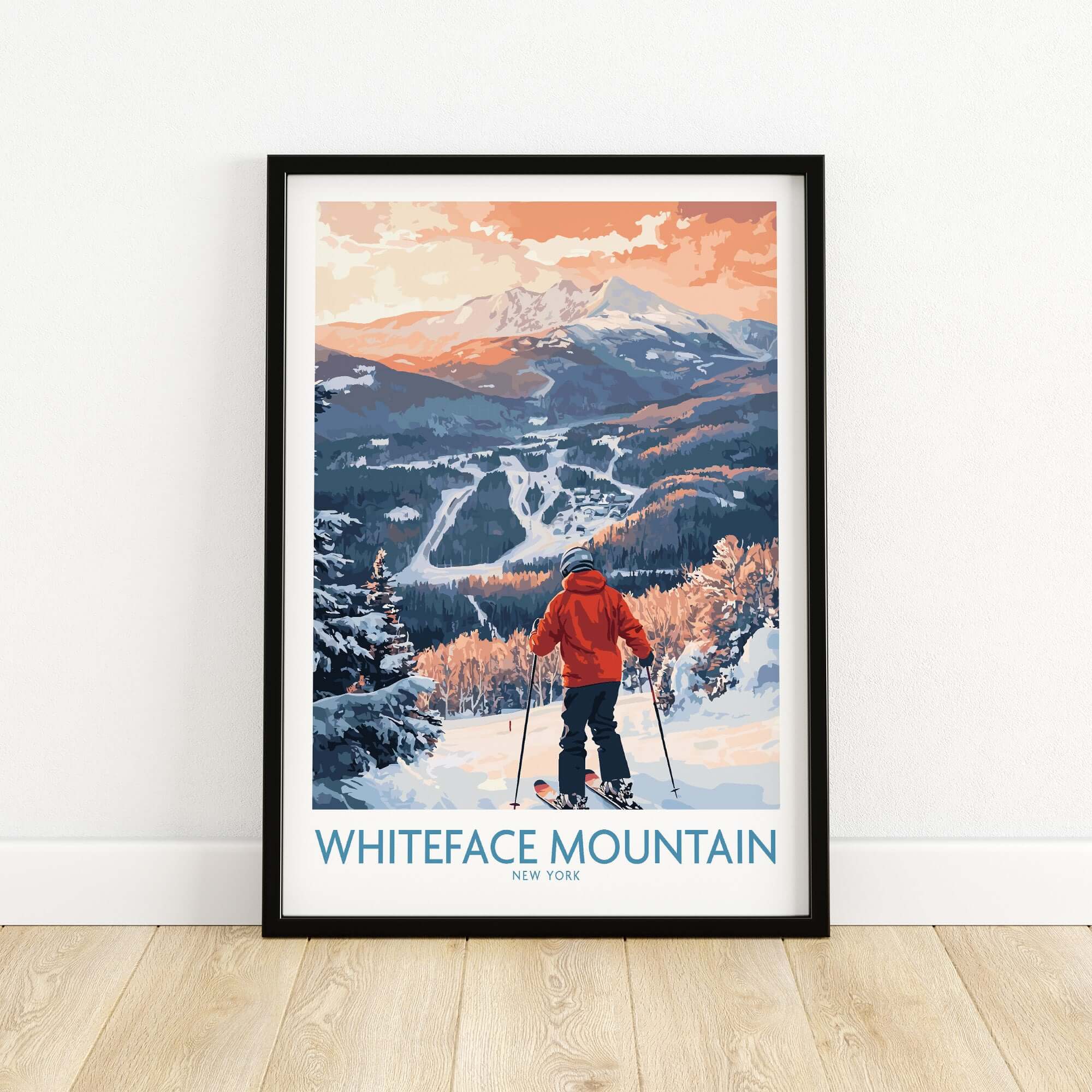 Whiteface Mountain ski print featuring a skier overlooking the slopes in New York, vibrant colors and scenic views.