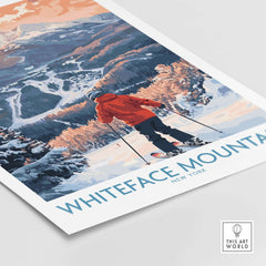 Whiteface Mountain ski print featuring a skier in orange jacket with a scenic winter landscape in New York.