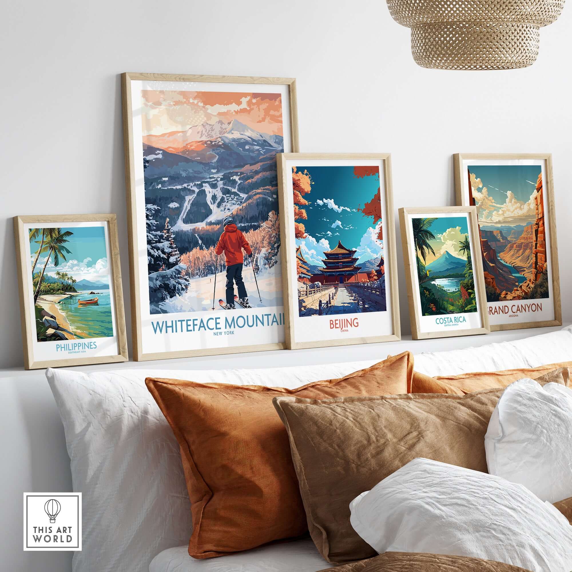 Gallery of travel-themed art prints including Whiteface Mountain ski poster.