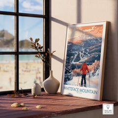Framed Whiteface Mountain ski print showcasing a skier amidst perfect winter scenery in a cozy interior setting.