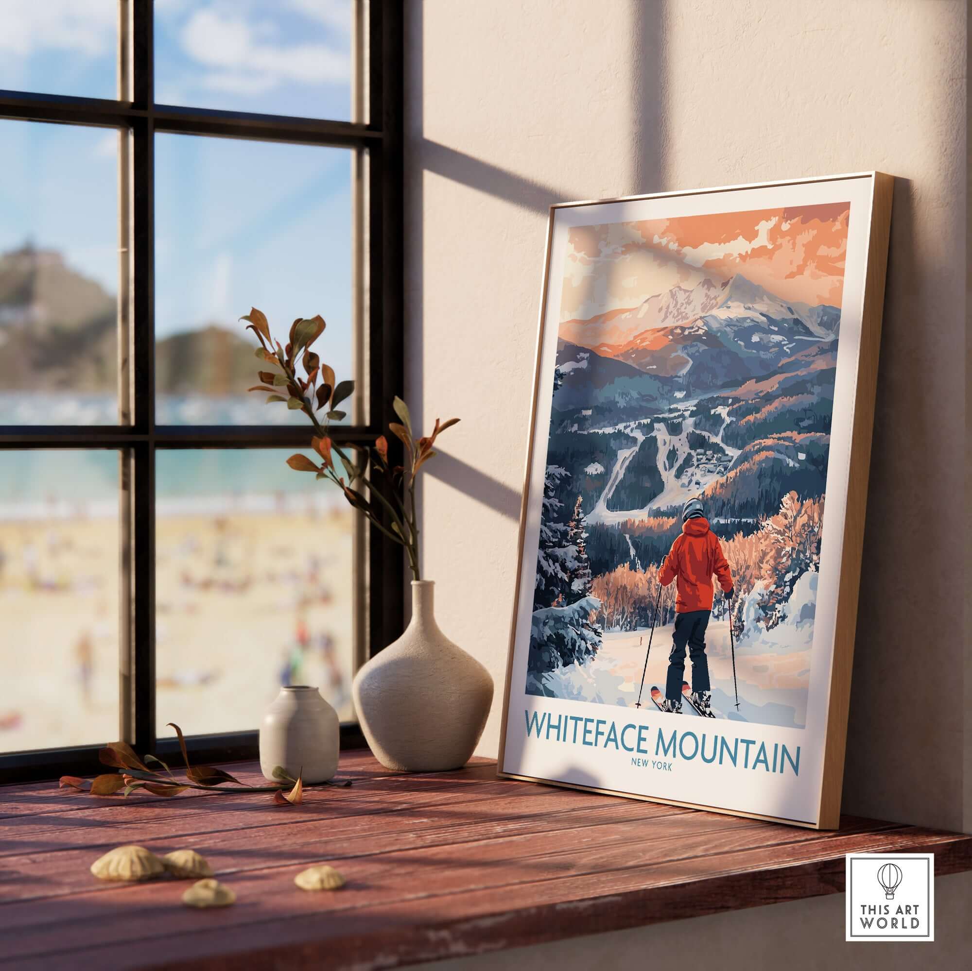 Framed Whiteface Mountain ski print showcasing a skier amidst perfect winter scenery in a cozy interior setting.