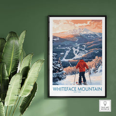 Whiteface Mountain ski print featuring a skier at sunset, showcasing scenic slopes and vibrant colors in New York.