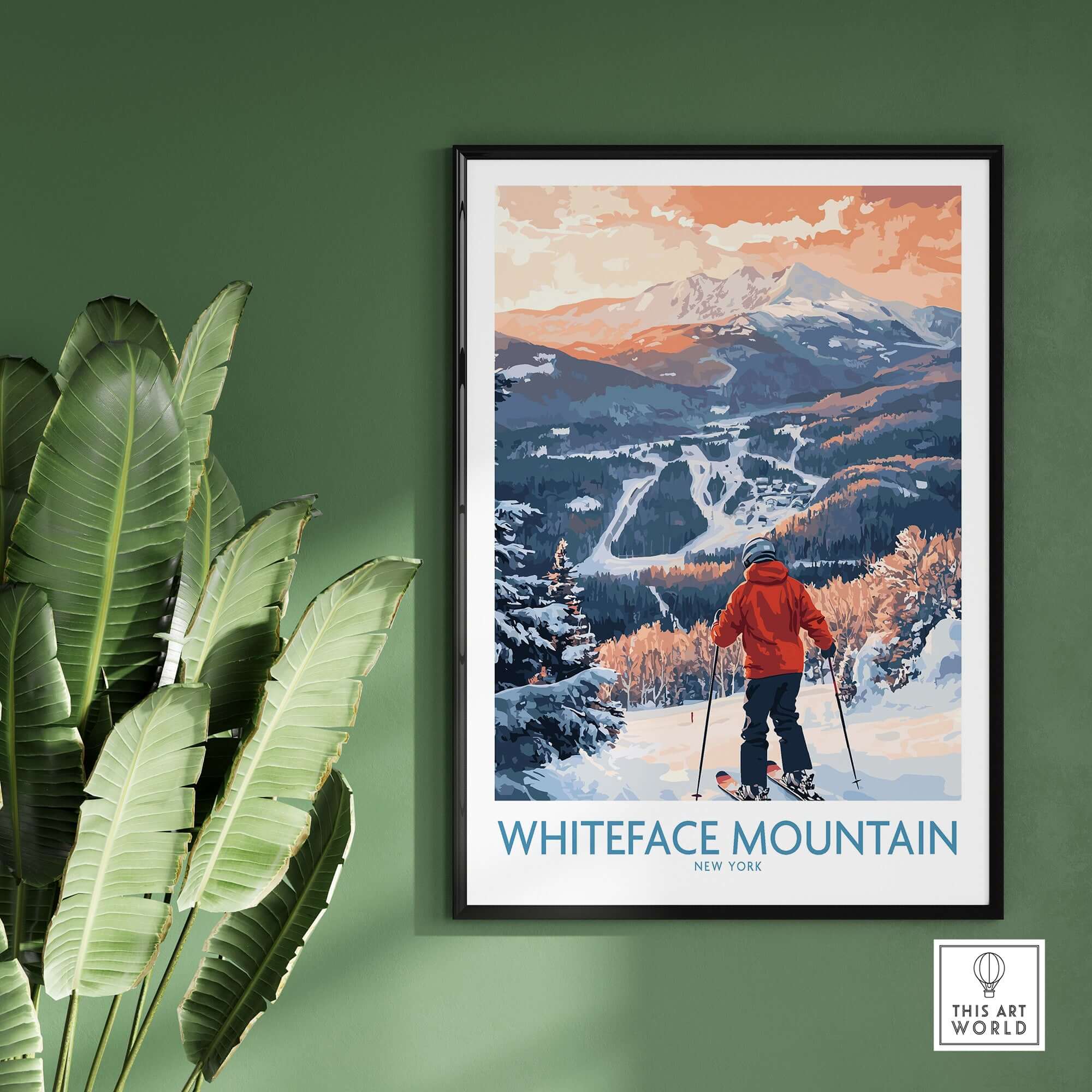 Whiteface Mountain ski print featuring a skier at sunset, showcasing scenic slopes and vibrant colors in New York.