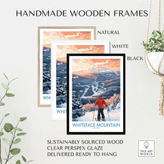 Handmade wooden frames in natural, white, and black for Whiteface Mountain ski print, ready to hang.