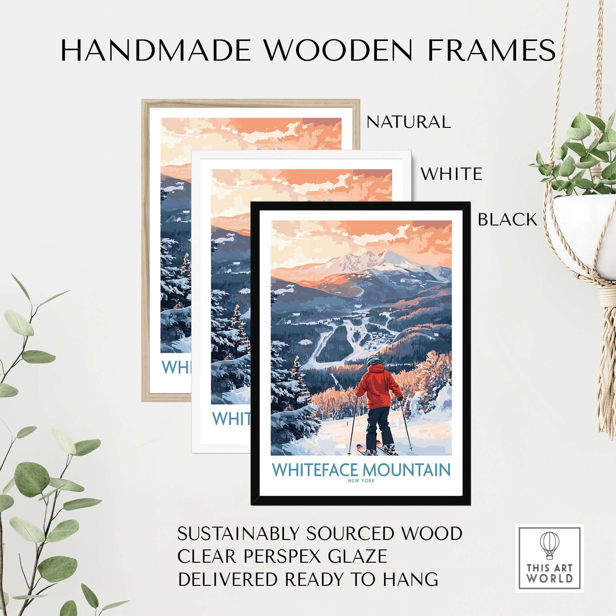 Handmade wooden frames in natural, white, and black for Whiteface Mountain ski print, ready to hang.