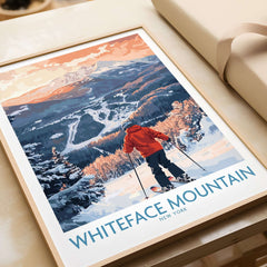 Whiteface Mountain ski print featuring a skier overlooking downhill slopes with vibrant sunset colors, perfect for winter decor.