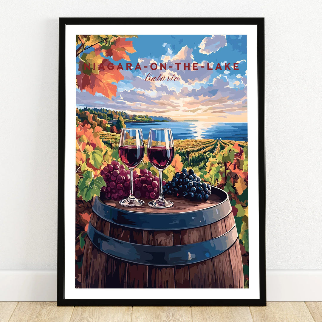 Niagara-on-the-Lake Ontario travel poster with wine glasses, grapes, and vineyard scenery