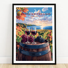 Niagara-on-the-Lake Ontario travel poster with wine glasses, grapes, and vineyard scenery