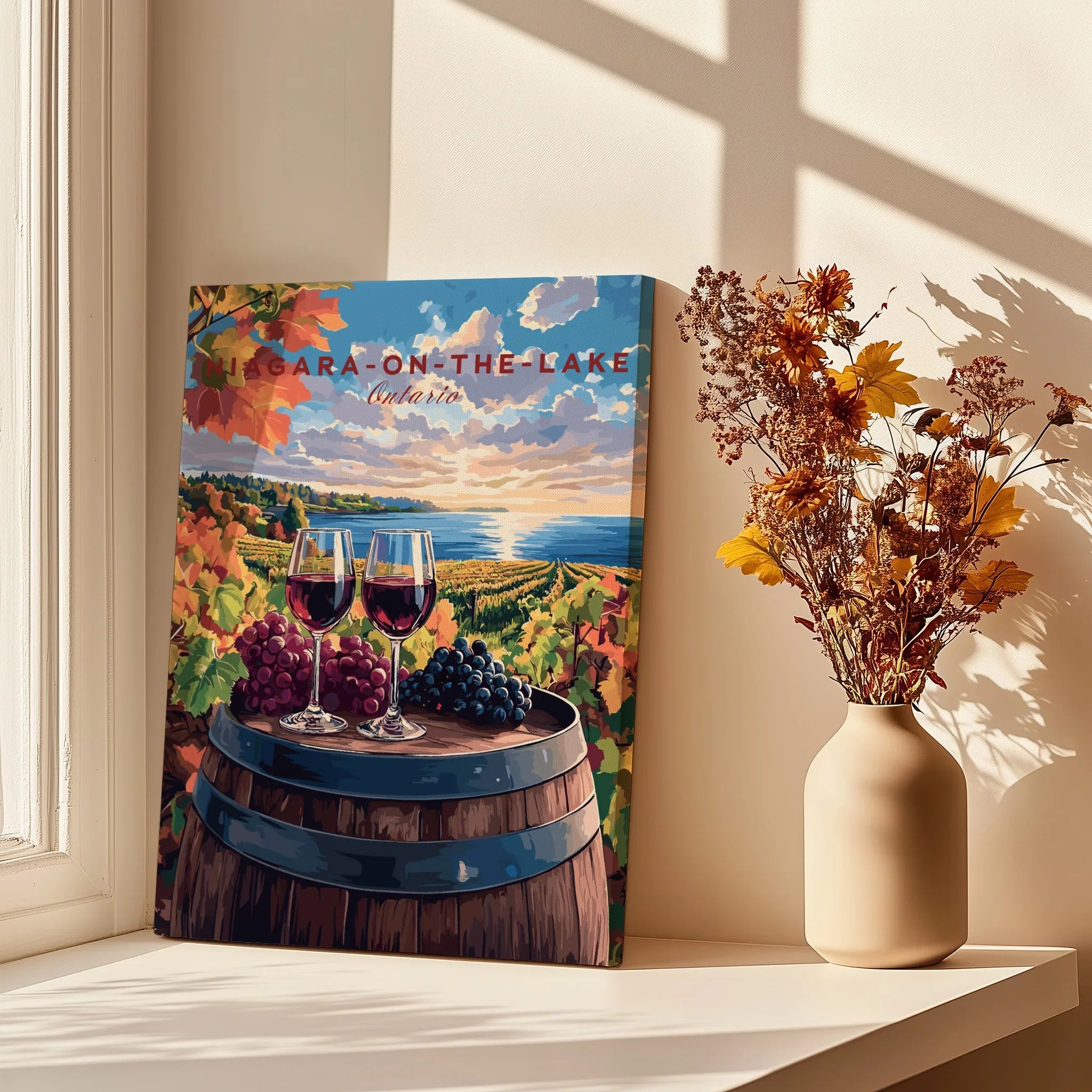 Niagara-on-the-Lake wine country poster with vineyard, grapes, and wine glasses, perfect for home decor