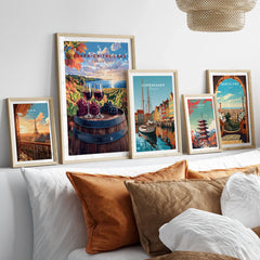 Framed travel posters of Paris, Niagara, Copenhagen, Tokyo, and Barcelona for home wall art decor