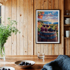 Niagara-on-the-Lake travel poster with wine glasses, grapes, and vineyard view, perfect for home decor