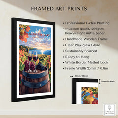 Niagara-on-the-Lake travel poster with wine glasses, grapes, and vineyard sunset, framed wall art print
