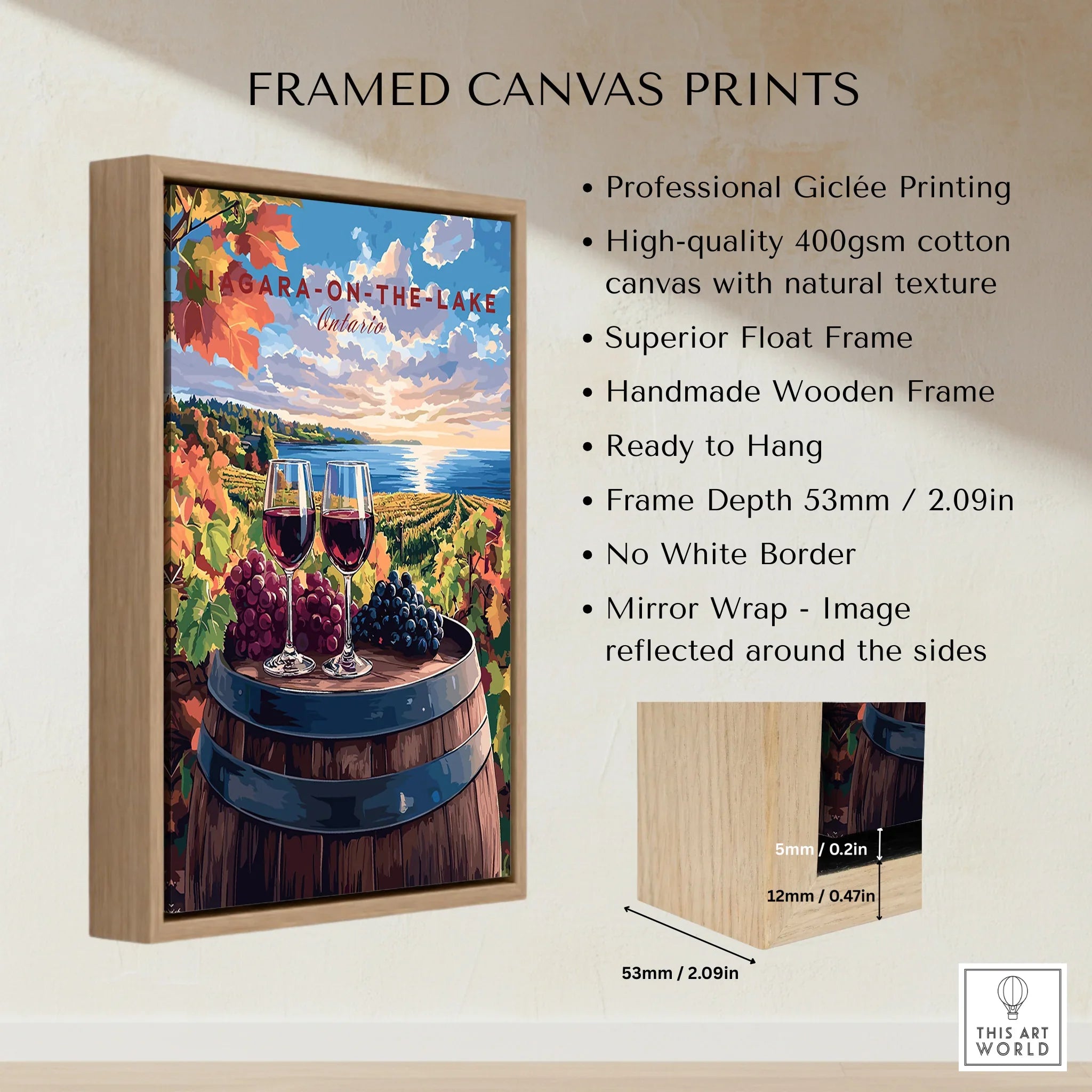 Niagara-on-the-Lake wine country canvas print with framed wall art, autumn vineyard & lake view