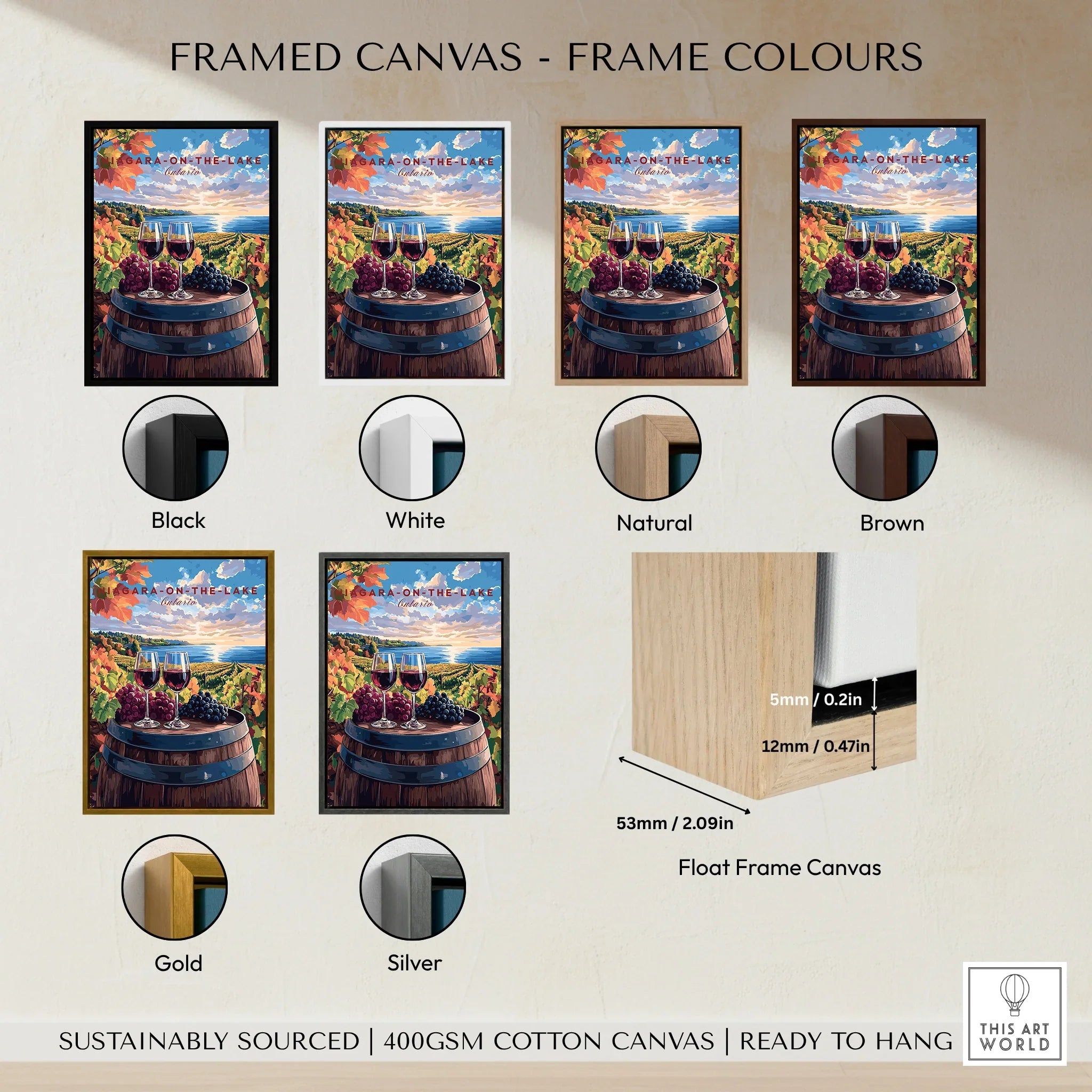Niagara-on-the-Lake wine country wall art in black, white, natural, brown, gold, silver frames. Float frame canvas, ready to hang.