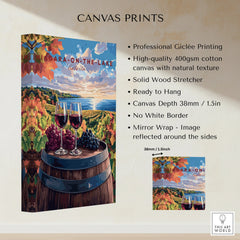 Niagara-on-the-Lake wine country canvas print with vineyard, lake view, and wine glasses for wall art decor