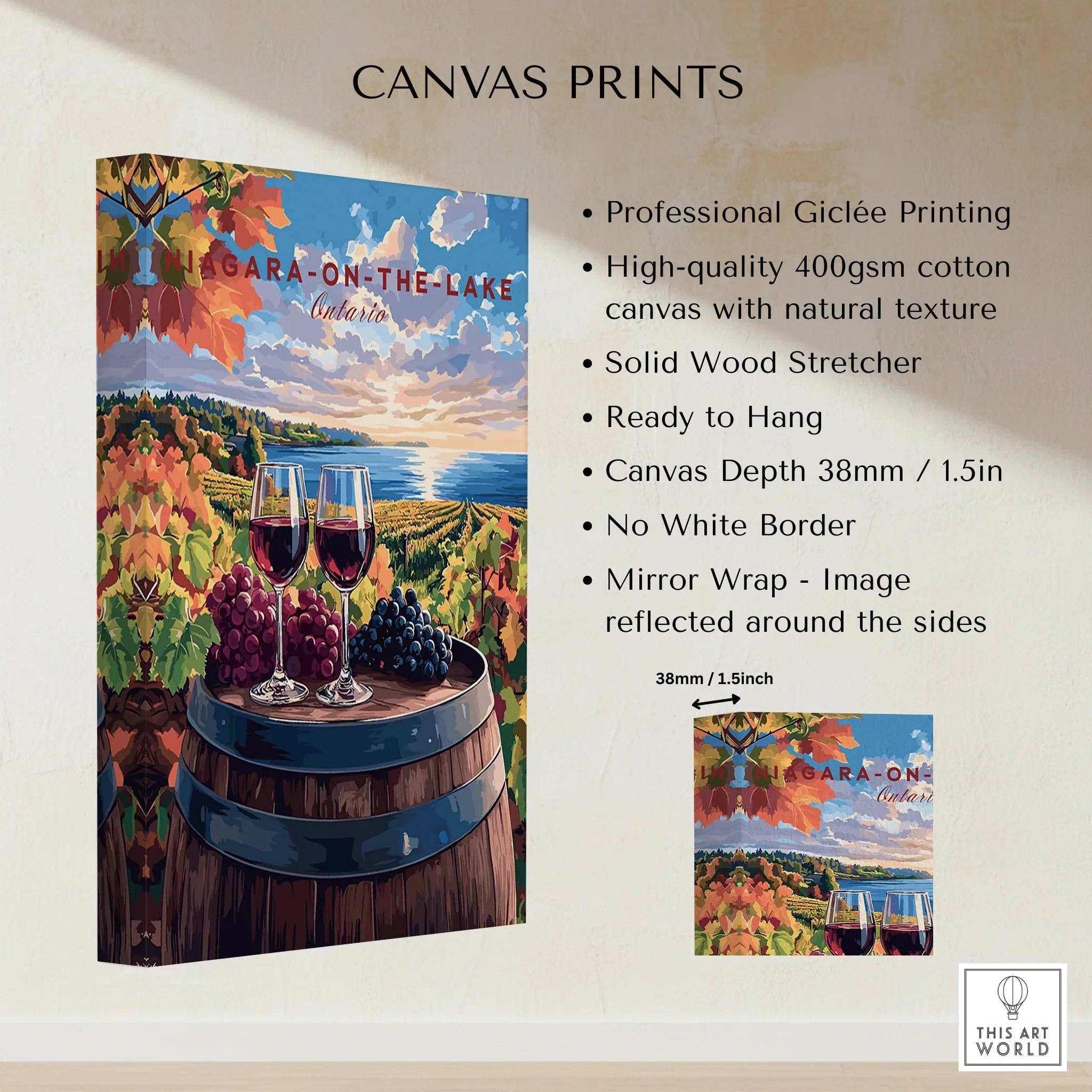 Niagara-on-the-Lake wine country canvas print with vineyard, lake view, and wine glasses for wall art decor