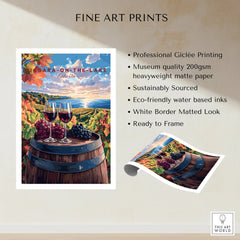 Niagara-on-the-Lake wine country art print with grapes, wine glasses, and lake sunset, ready to frame
