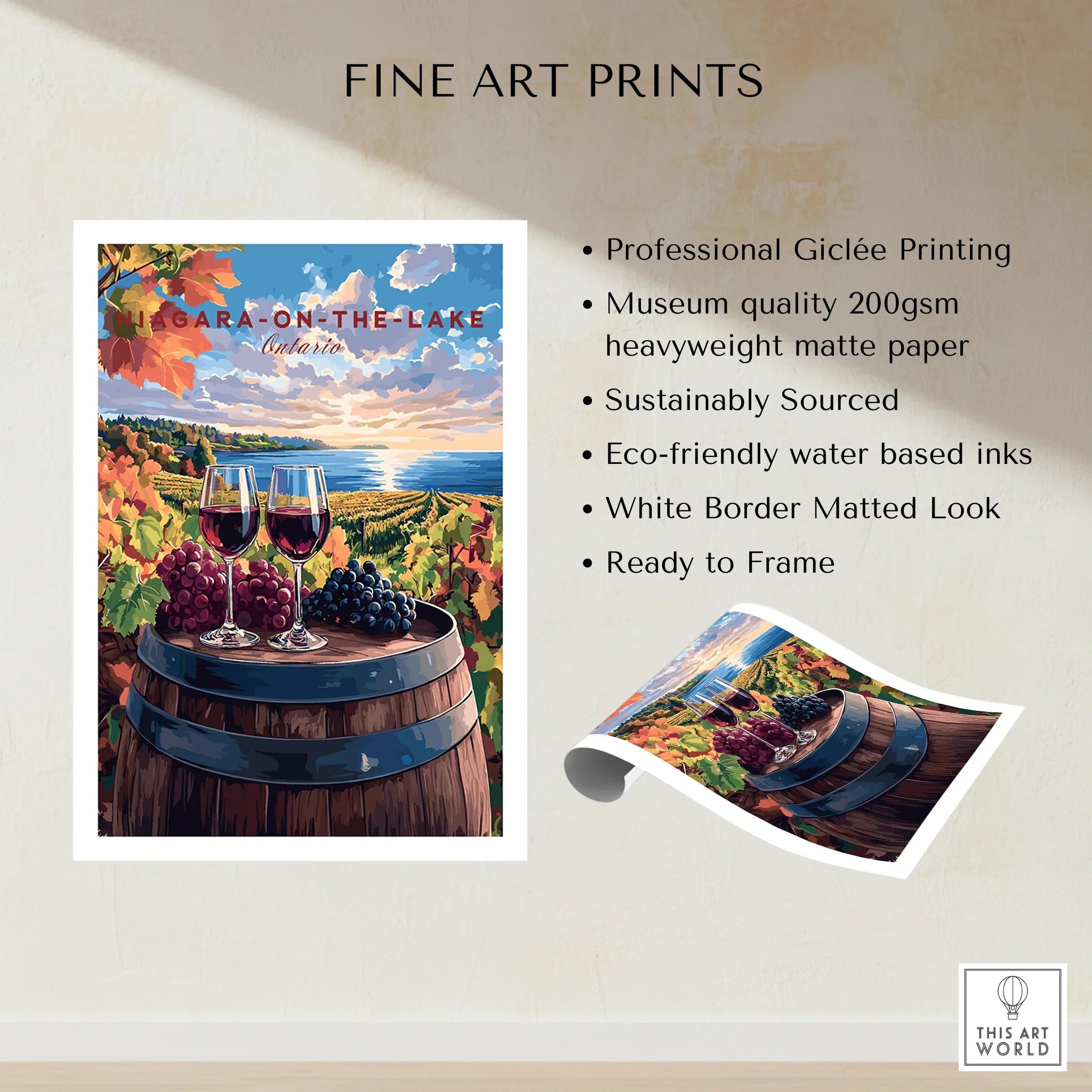 Niagara-on-the-Lake wine country art print with grapes, wine glasses, and lake sunset, ready to frame