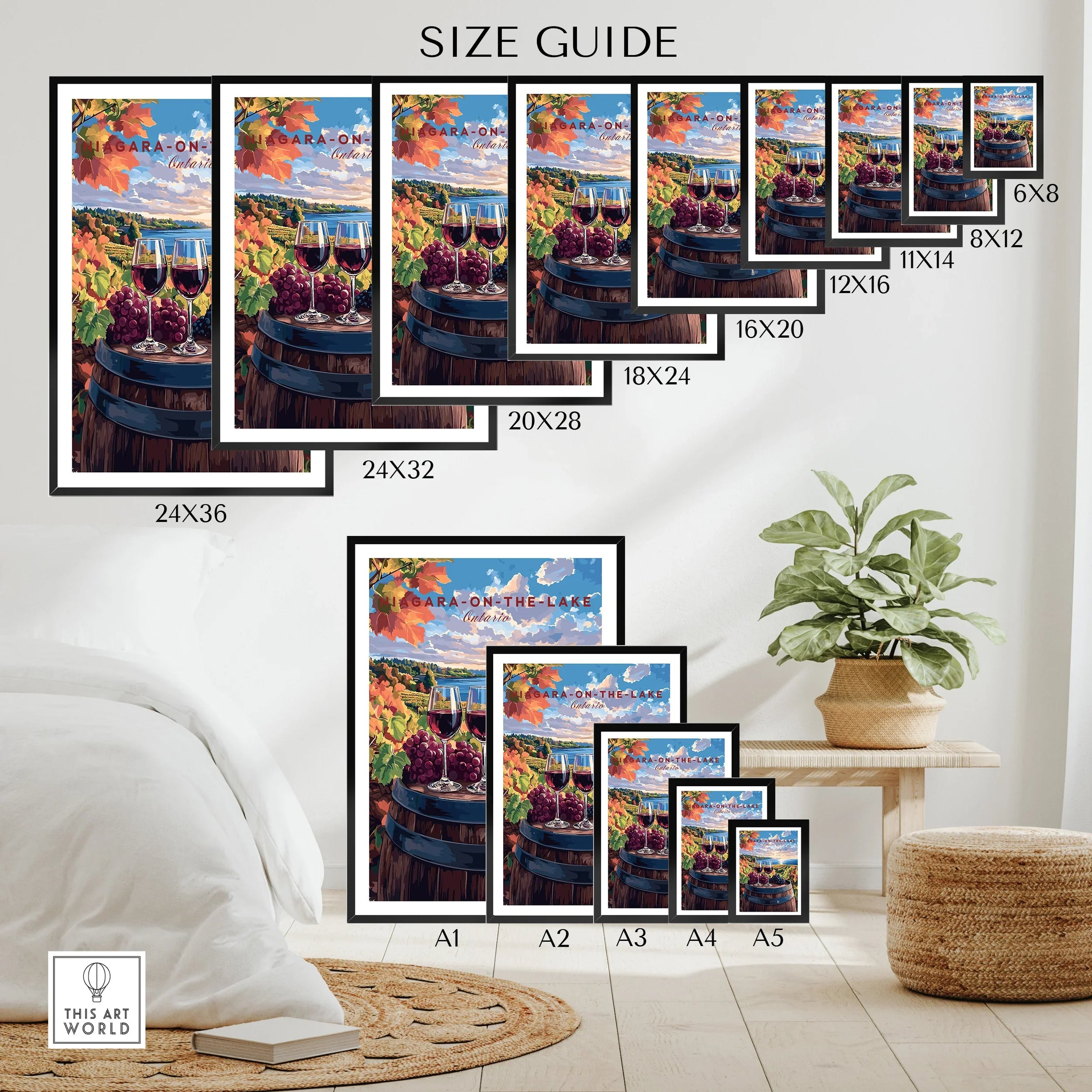 Niagara-on-the-Lake wine country art print size guide for wall decor, featuring autumn vines, grapes, and lake views.