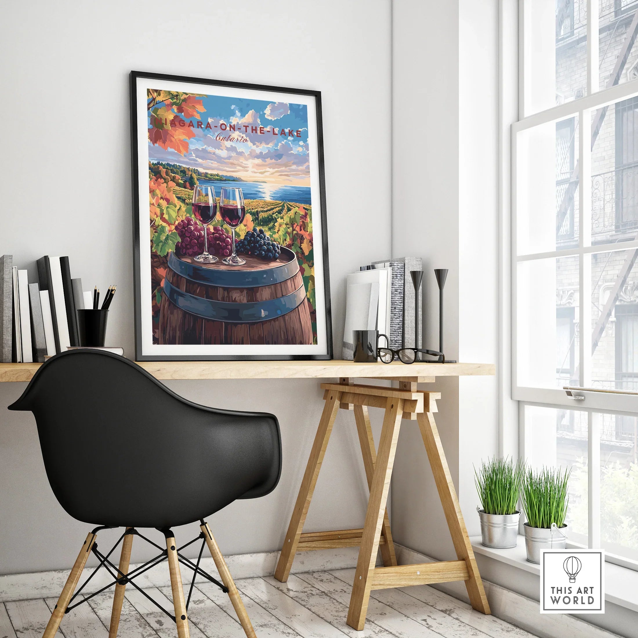 Niagara-on-the-Lake wine country travel poster with grapes, wine glasses, and lake view, perfect wall art decor