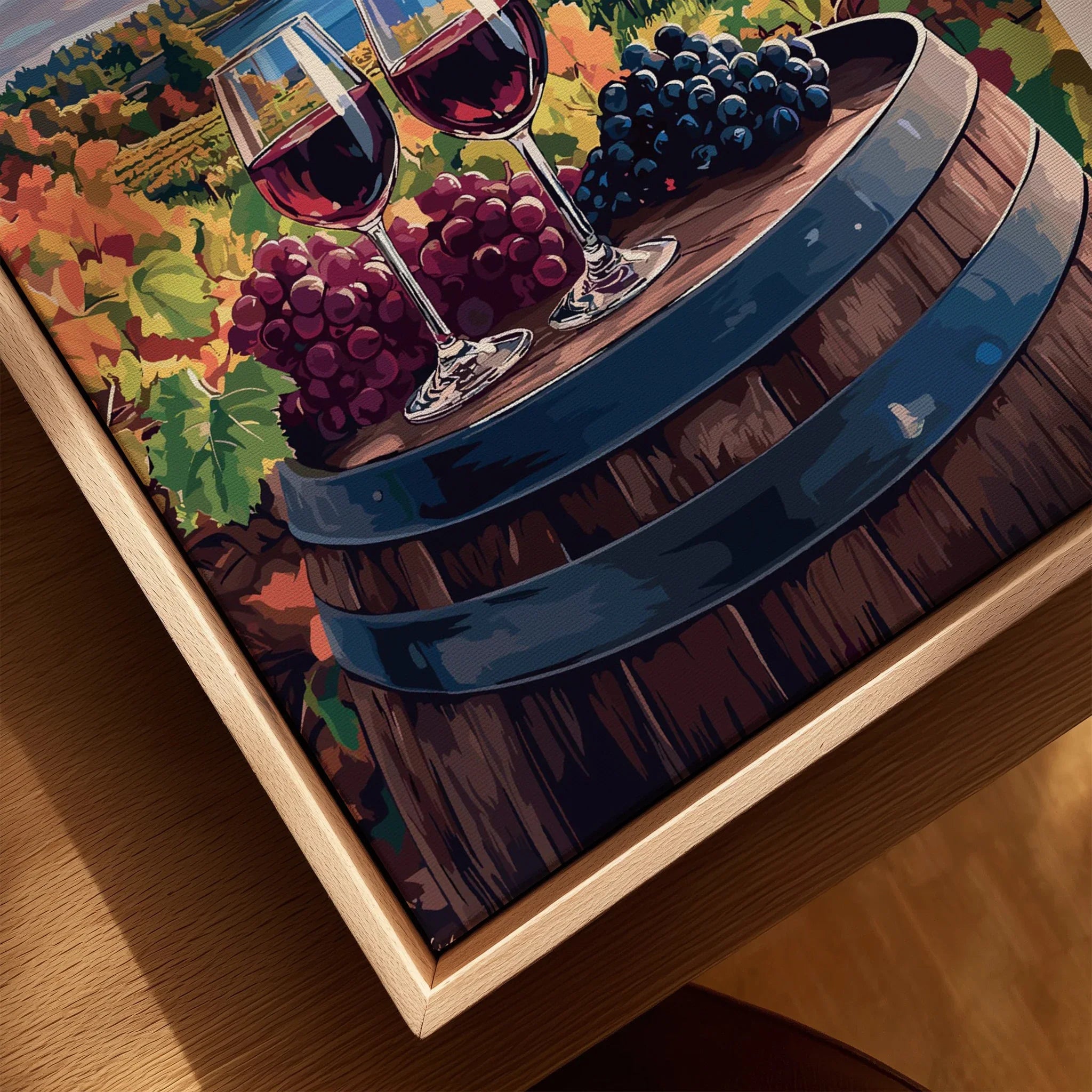 Wine barrel art print with red wine glasses and grapes, perfect for kitchen or dining room wall decor.