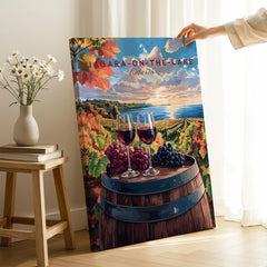Niagara-on-the-Lake Ontario travel poster with wine glasses, grapes, and vineyard sunset scene for wall art