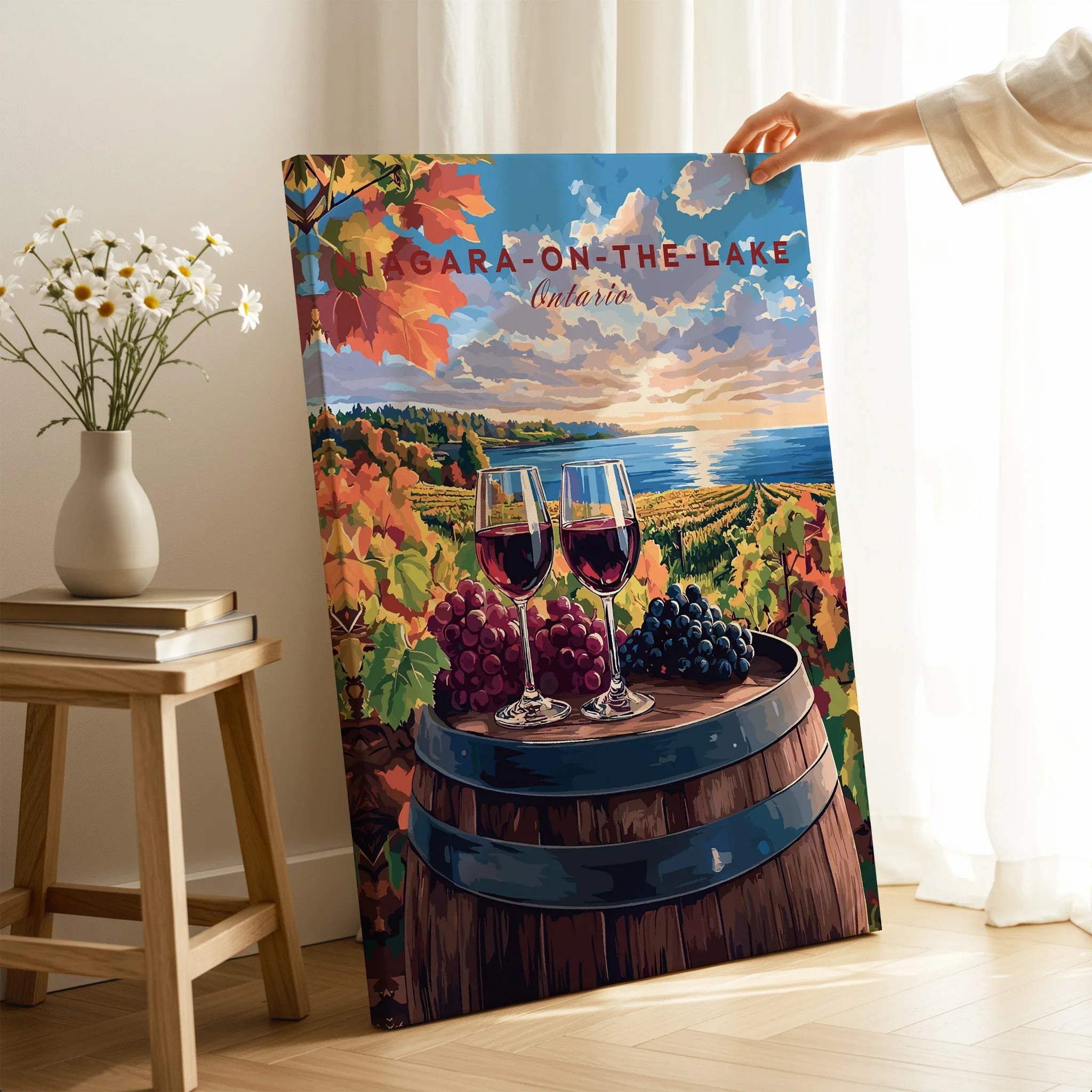 Niagara-on-the-Lake Ontario travel poster with wine glasses, grapes, and vineyard sunset scene for wall art