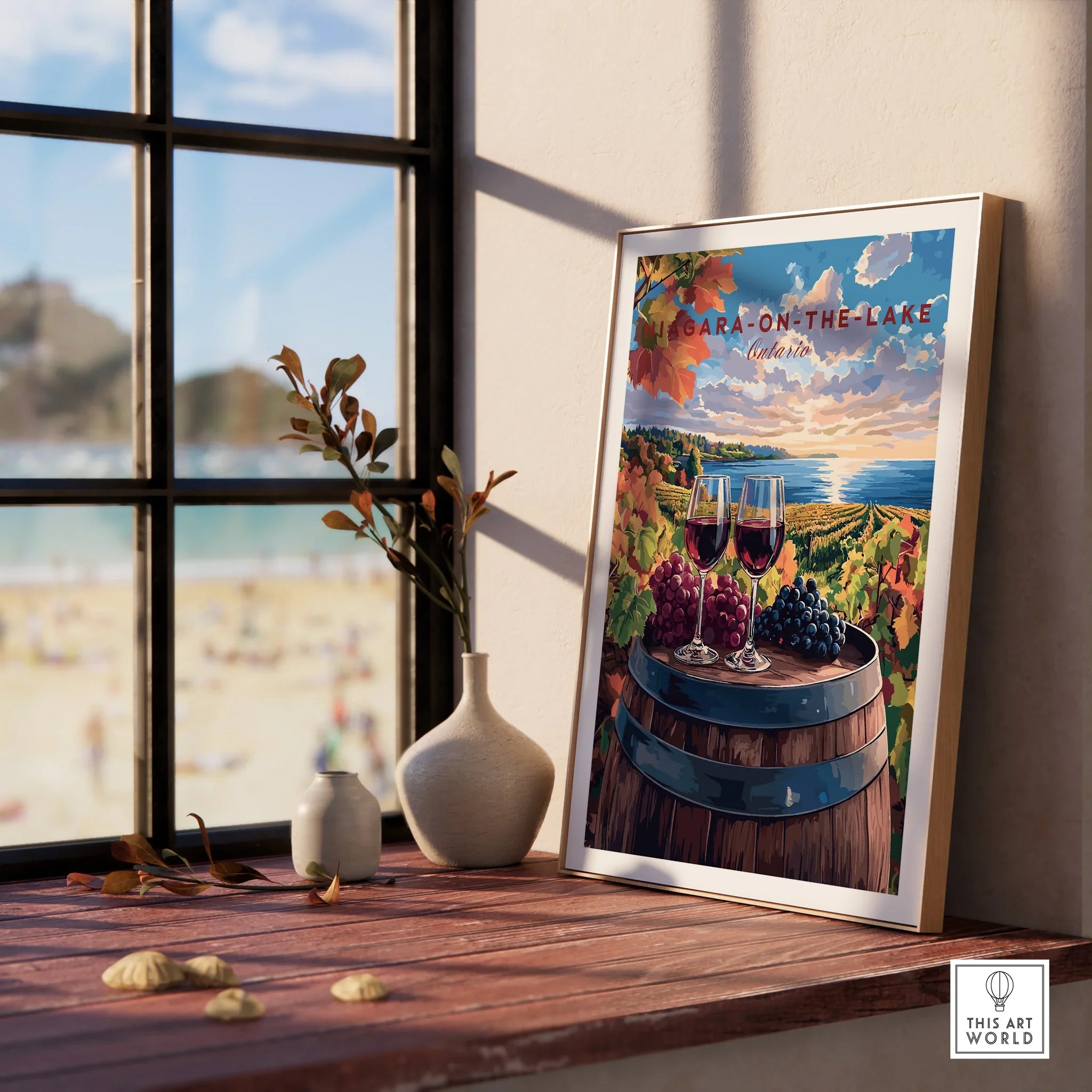 Niagara-on-the-Lake Ontario travel poster with wine glasses, grapes, and vineyard sunset, perfect wall art decor