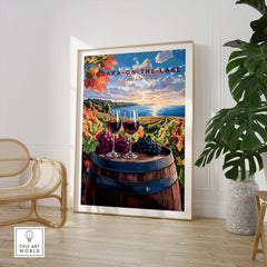 Niagara-on-the-Lake Ontario travel poster with wine glasses, grapes, and vineyard sunset scene for wall art decor