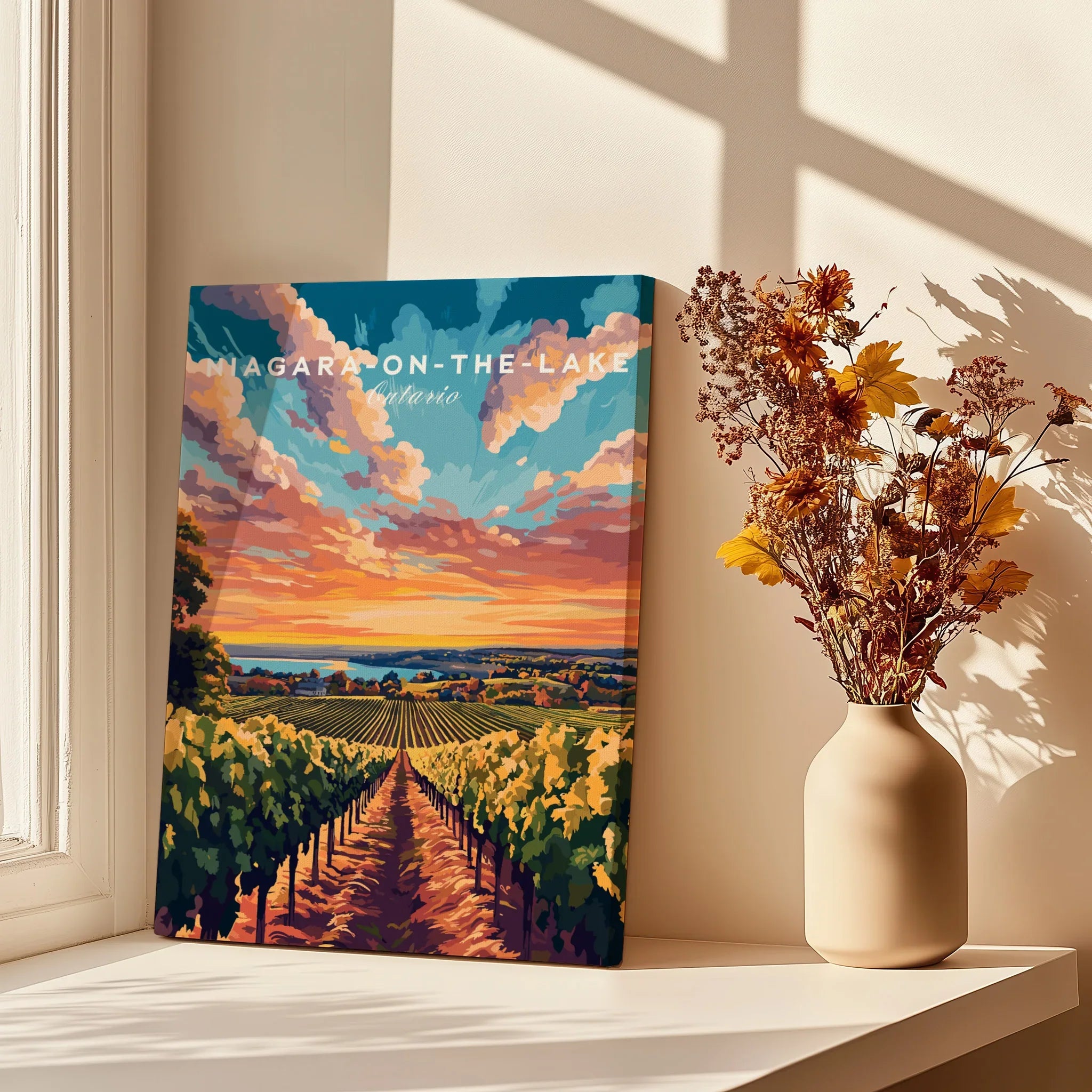 Niagara-on-the-Lake Ontario travel poster with vineyard sunset, wall art for home decor