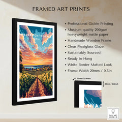 Niagara-on-the-Lake travel poster art print in black frame, vineyard sunset landscape, ready to hang wall decor