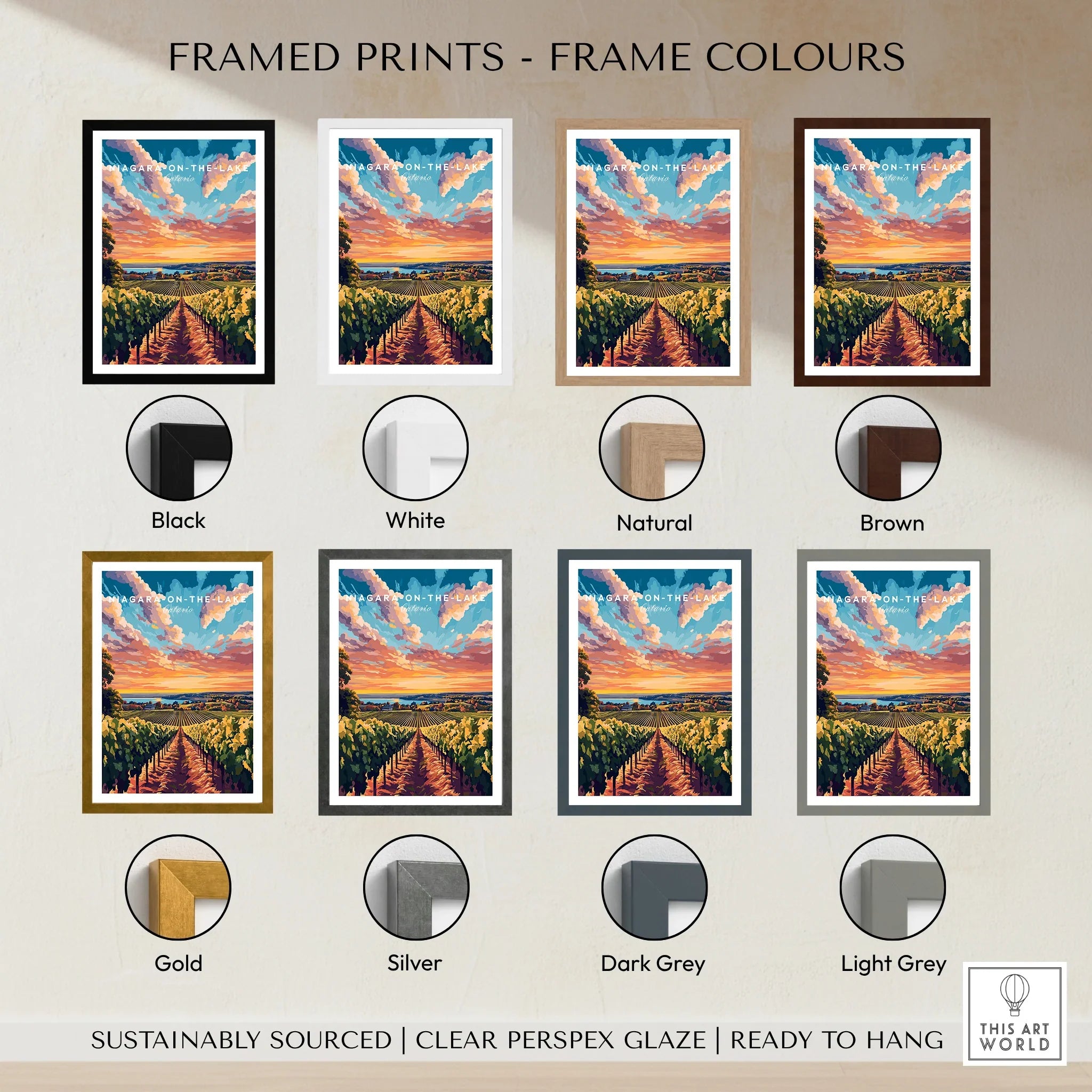 Niagara-on-the-Lake vineyard sunset print in 8 frame colors, ready to hang wall art